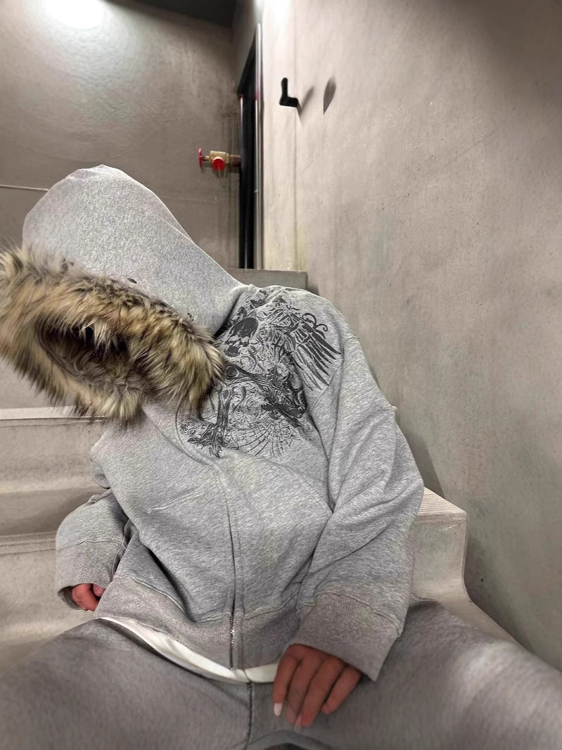Y2K Faux Fur Hood Zip-Up Hoodie