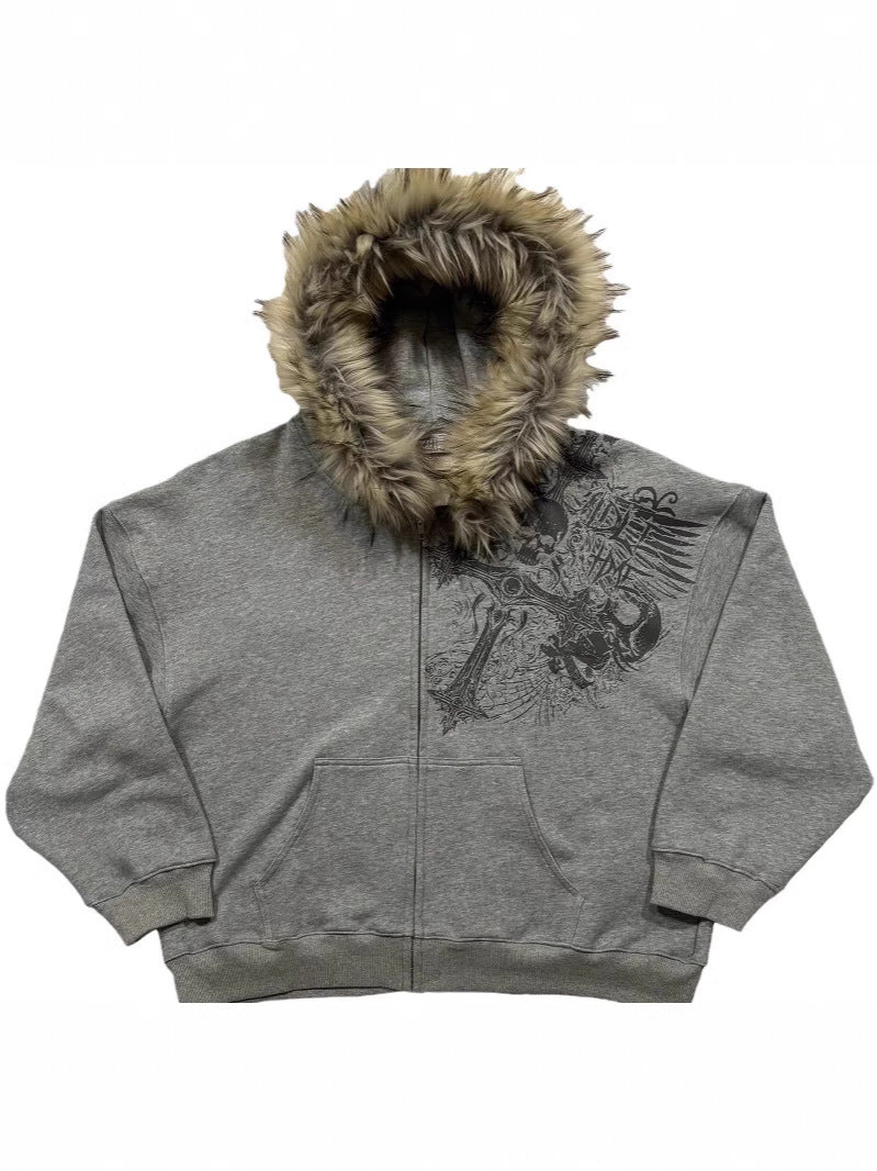 Y2K Faux Fur Hood Zip-Up Hoodie